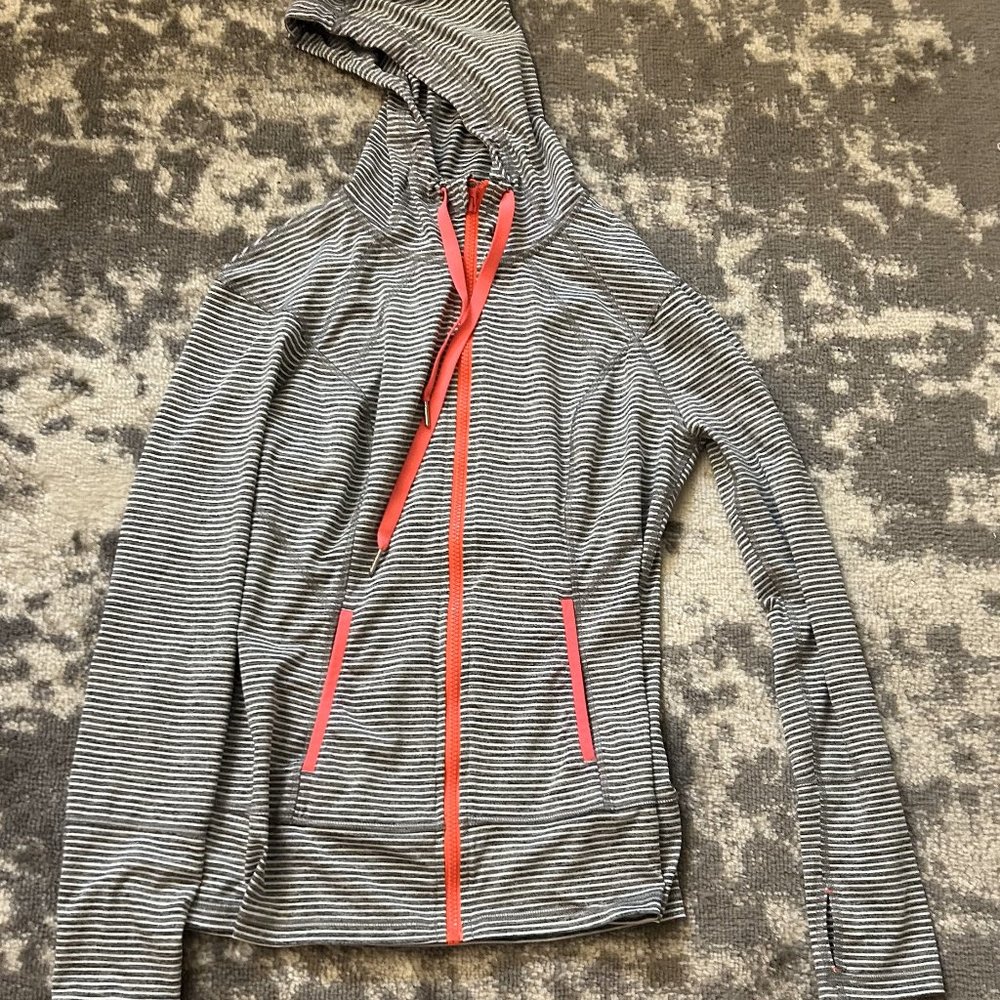 Lukka Women's Gray, White Stiped Orange Neon Hooded Zipper Warm Up Jacket Medium